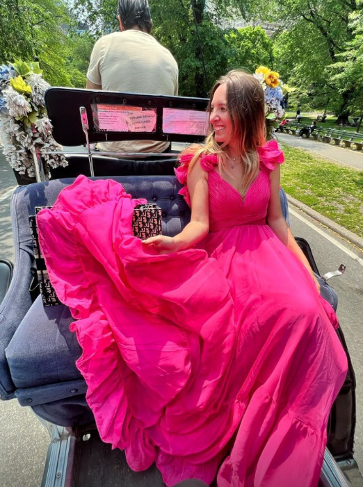 Rose Pink Ruffle Shoulder Plunging V Neck A-line Lace-Up Long Prom Dress nv1349