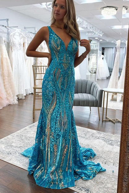 Sparkly Mermaid Deep V Neck Blue & Gold Sequins Lace Long Prom Dresses nv1268