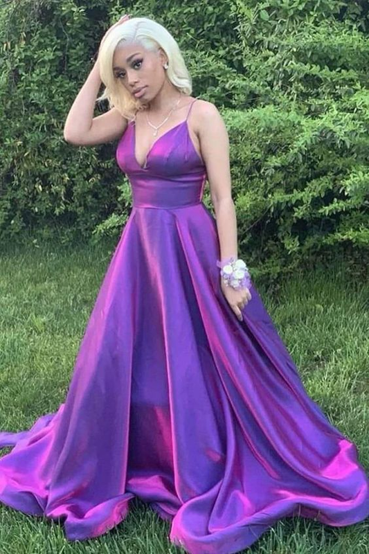 A-Line Spaghetti Straps Long Purple Prom Dresses nv1317