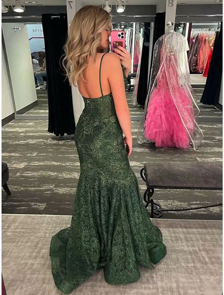 Spaghetti Strap Green Mermaid Evening Gown  Formal Sweep Train Prom Dress nv1279
