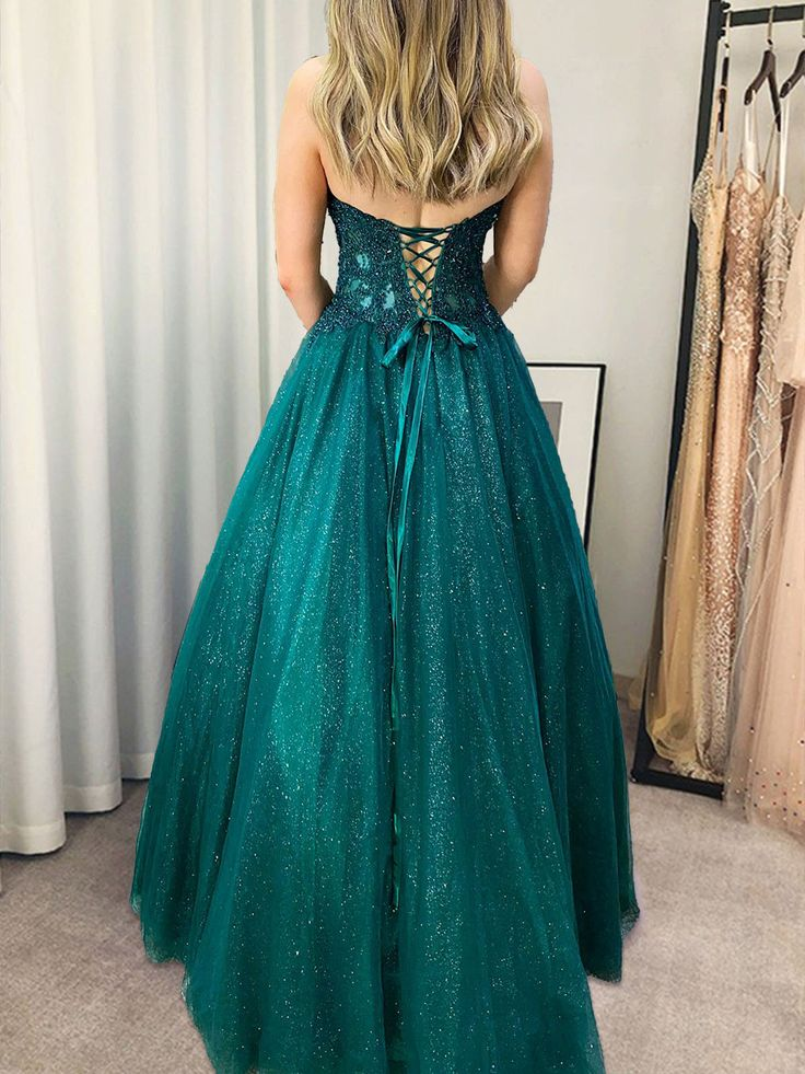 Strapless Green Blue Lace Long Prom Dress Formal Evening Dress nv1197