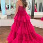 Fuchsia Multi-Layers Strapless Appliques A-line Tulle Long Prom Dress nv1290