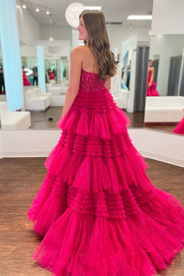 Fuchsia Multi-Layers Strapless Appliques A-line Tulle Long Prom Dress nv1290