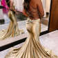 Gold V Neck Mermaid Long Prom Dress with Cutout nv1264