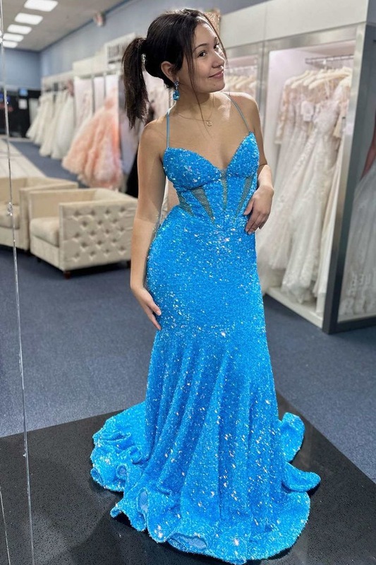 Lace-Up Sequin Mermaid Long Prom Dress nv1369
