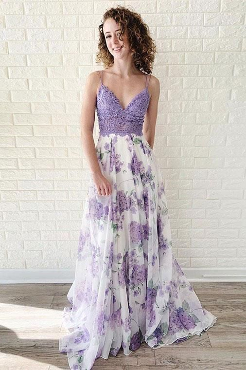 Lavender Spaghetti Straps V Neck Floral Chiffon Prom Dress nv1320