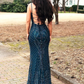 Gorgeous Square Beading Lace Navy Blue Mermaid Evening Dress nv1266