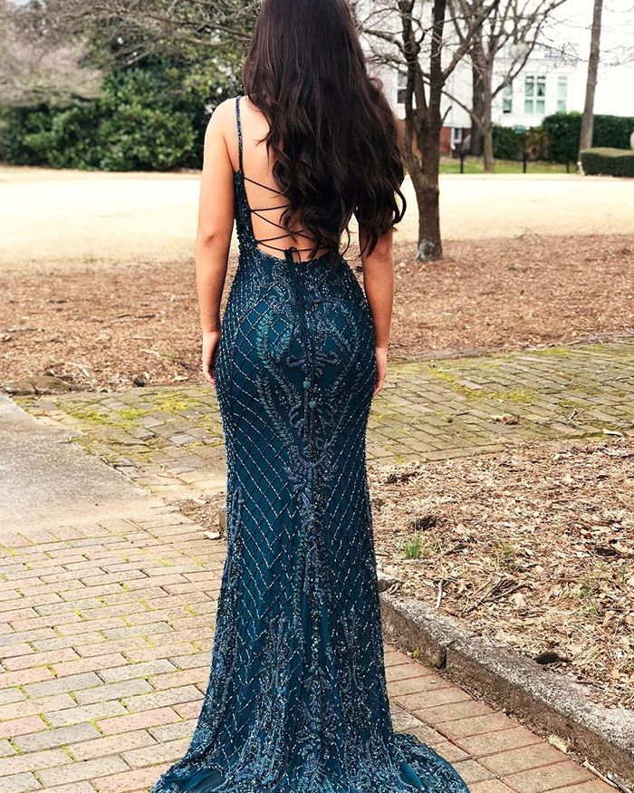 Gorgeous Square Beading Lace Navy Blue Mermaid Evening Dress nv1266