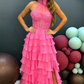 High Neck Ruffle Chiffon Long Prom Dress with 3D Flower nv1307