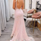 V Neck Mermaid Backless Pink Lace Long Prom Dress Mermaid Pink Formal Dress nv1137