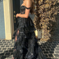 Black Off The Shoulder Tiered Prom Dress Lace Evening Dress  nv1060