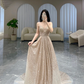Gold Sparkle Sequins  A Line Long Prom Dress V-Neck Evening Dress nv1064