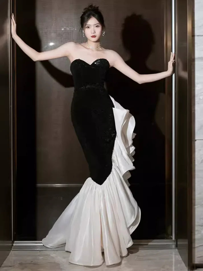 Black and White Elegant Mermaid Sweetheart Satin Long Ball Gown Evening Dress Party Dress nv2318