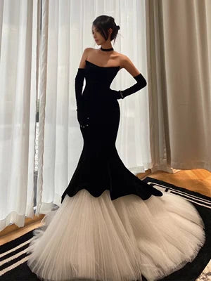 Black Luxury Mermaid Velvet Evening Gown Long Ball Gown with Gloves Evening Dress Party Dress nv2272