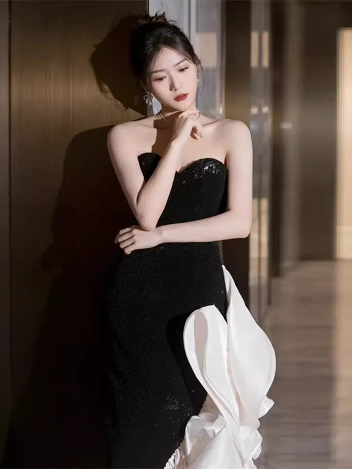 Black and White Elegant Mermaid Sweetheart Satin Long Ball Gown Evening Dress Party Dress nv2318