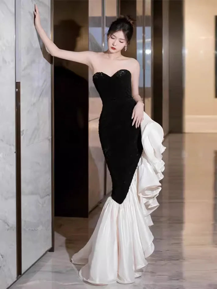 Black and White Elegant Mermaid Sweetheart Satin Long Ball Gown Evening Dress Party Dress nv2318