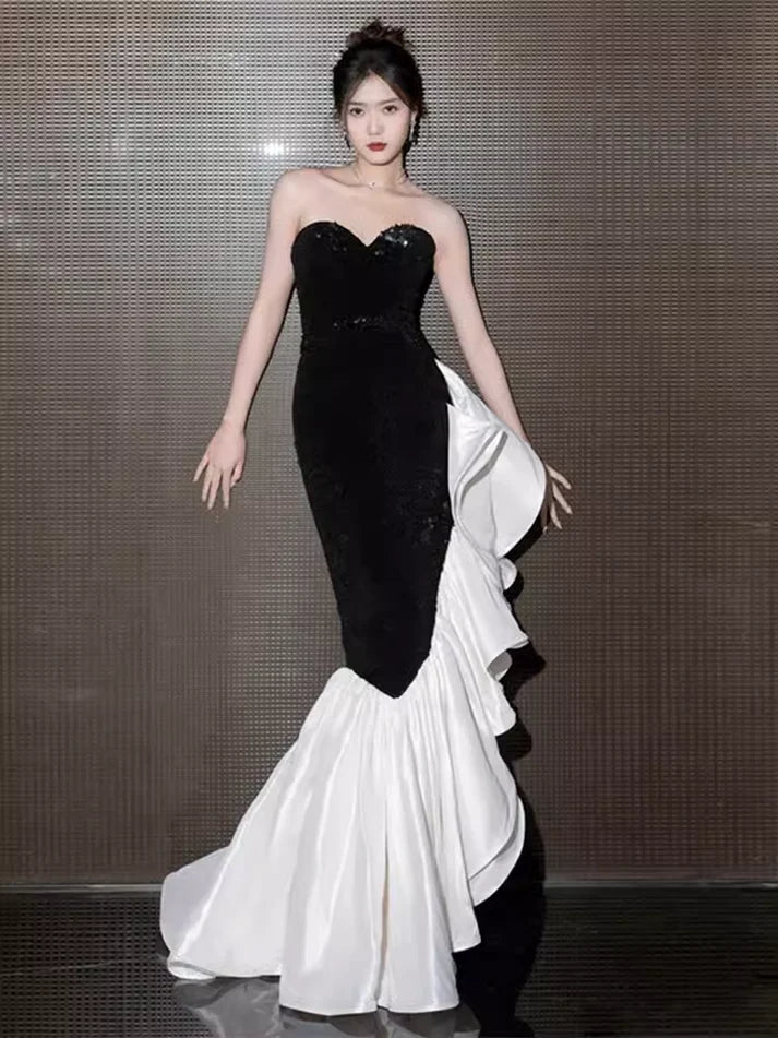 Black and White Elegant Mermaid Sweetheart Satin Long Ball Gown Evening Dress Party Dress nv2318