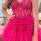 Fuchsia Multi-Layers Strapless Appliques A-line Tulle Long Prom Dress nv1290