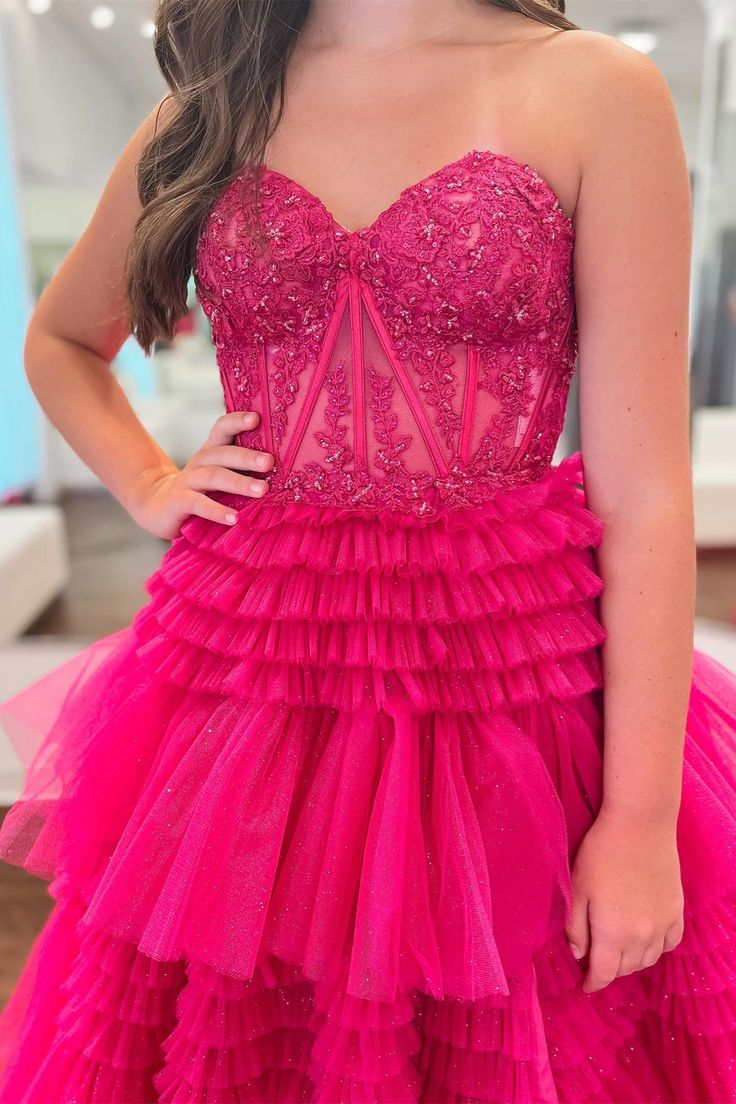 Fuchsia Multi-Layers Strapless Appliques A-line Tulle Long Prom Dress nv1290