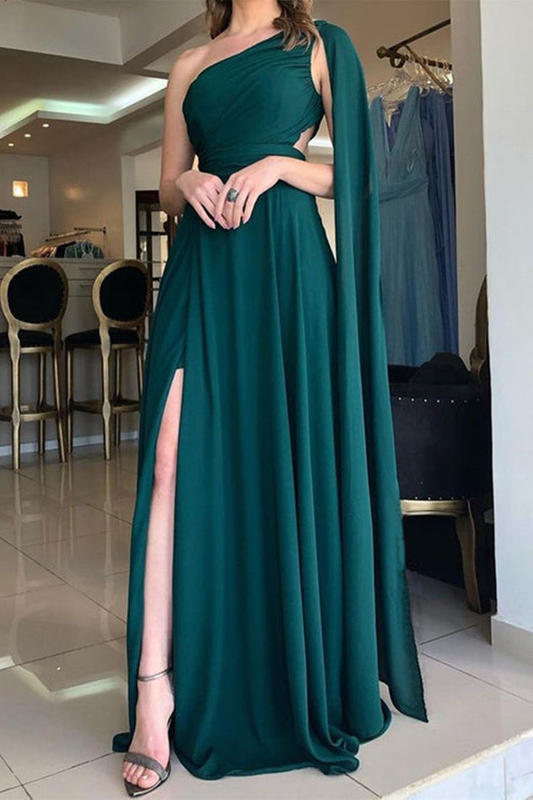 Elegant One Shoulder Green Chiffon Long Prom Dress with High Slit, One Shoulder Green Formal Graduation Evening Dress nv1340