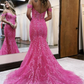 Hot Pink Off the Shoulder Sequin Lace Long Mermaid Prom Dress nv1357