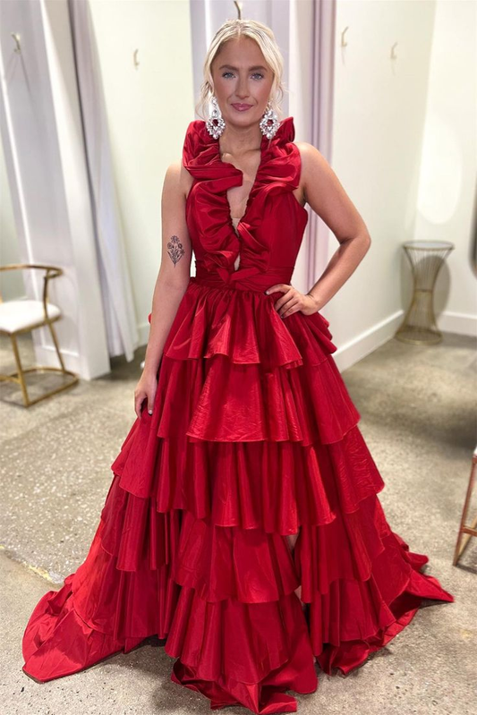 Red Ruffled Plunging V Neck Layers Long Prom Dress with Slit nv1348