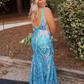 V Neck Blue Sequin Lace Sparkly Mermaid Prom Dress nv1360