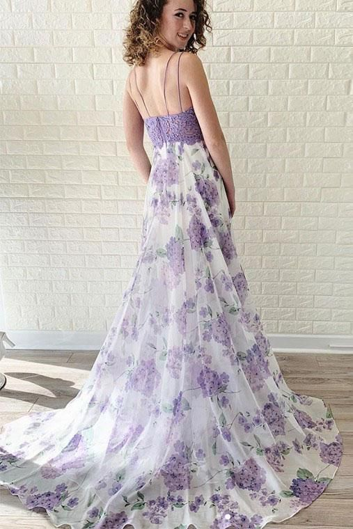 Lavender Spaghetti Straps V Neck Floral Chiffon Prom Dress nv1320