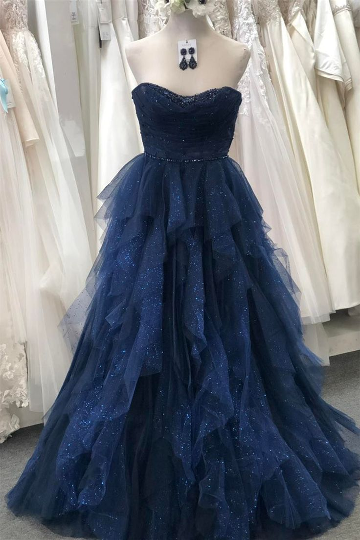 Sparkly Navy Blue Strapless Ruffle Layers Tulle Long Prom Dress nv1347
