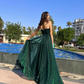 Green Elegant Spaghetti Straps A-line Tulle Long Prom Dresses nv1195