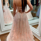 Shiny V Neck Open Back Pink Lace Long Prom Dress nv1148