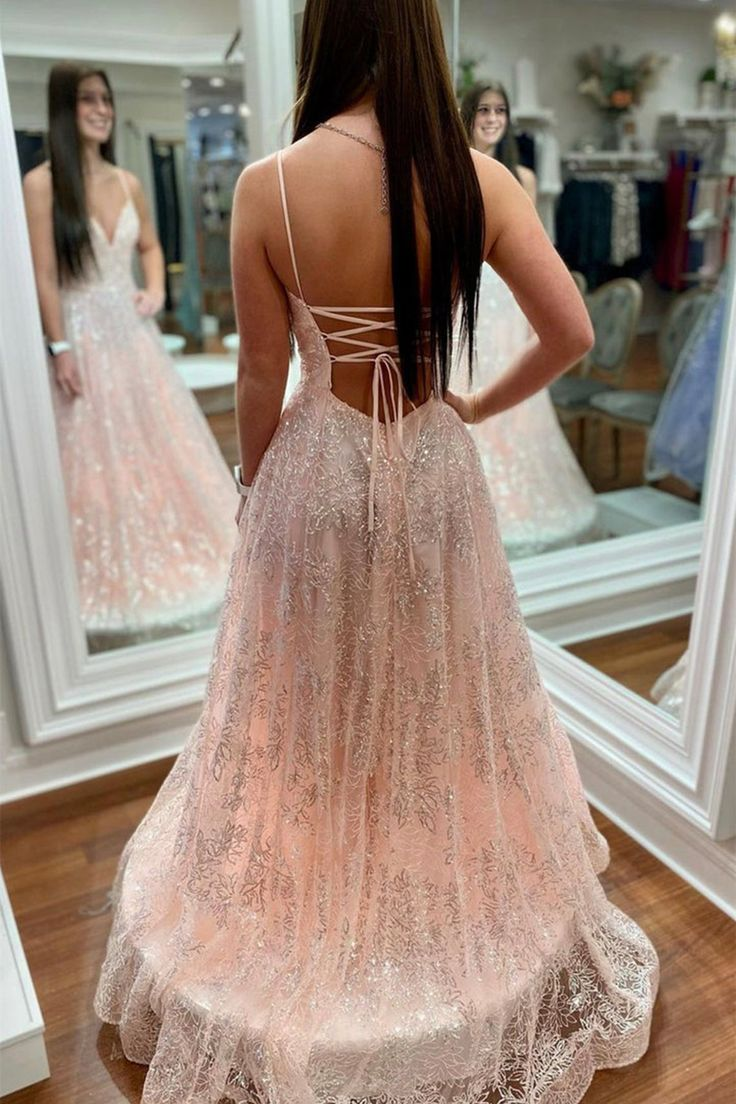 Shiny V Neck Open Back Pink Lace Long Prom Dress nv1148