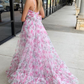 Pink Floral Print A-Line Halter Keyhole Long Prom Dresses nv1345