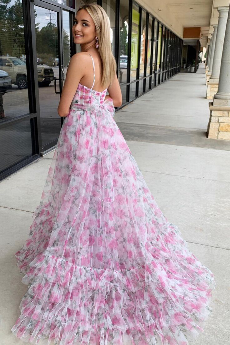 Pink Floral Print A-Line Halter Keyhole Long Prom Dresses nv1345