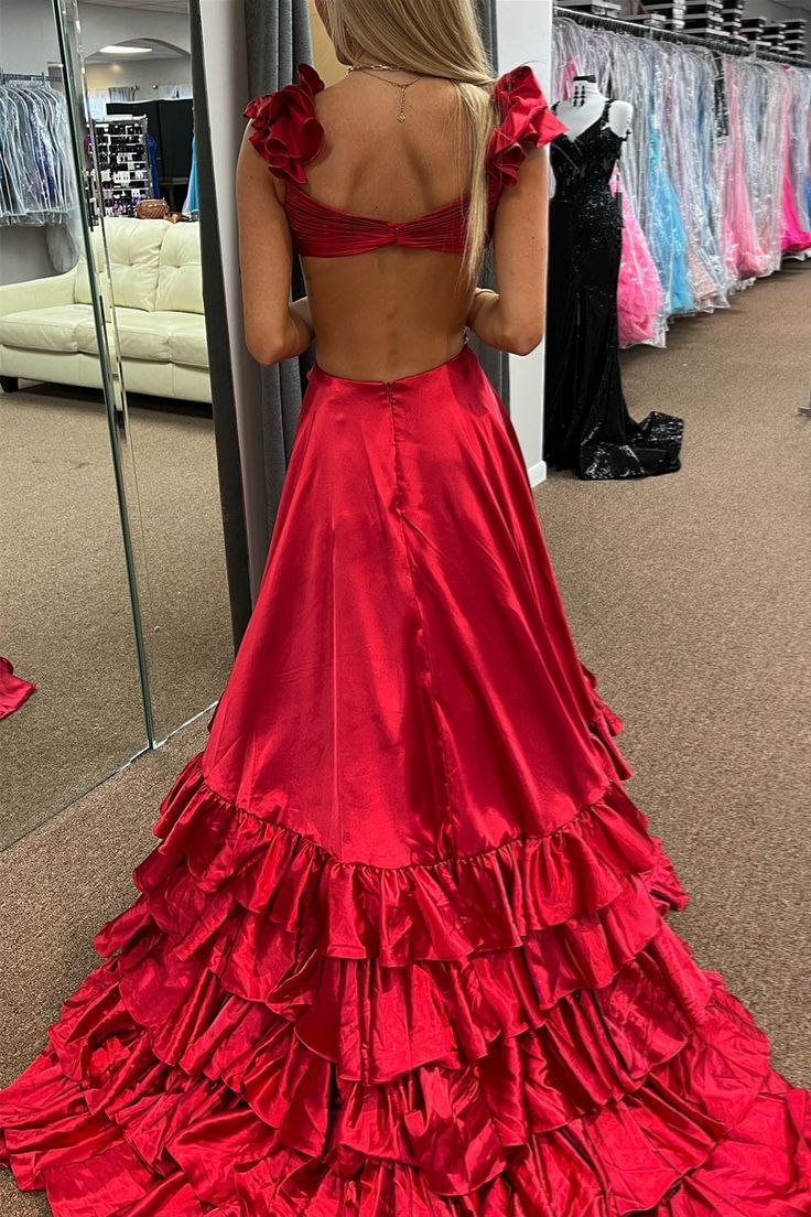 Red Ruffled Crossed Top Hi-Low Layers Long Prom Dress nv1293