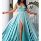 Sexy A line Backless Blue Slit Long Prom Dresses nv1341