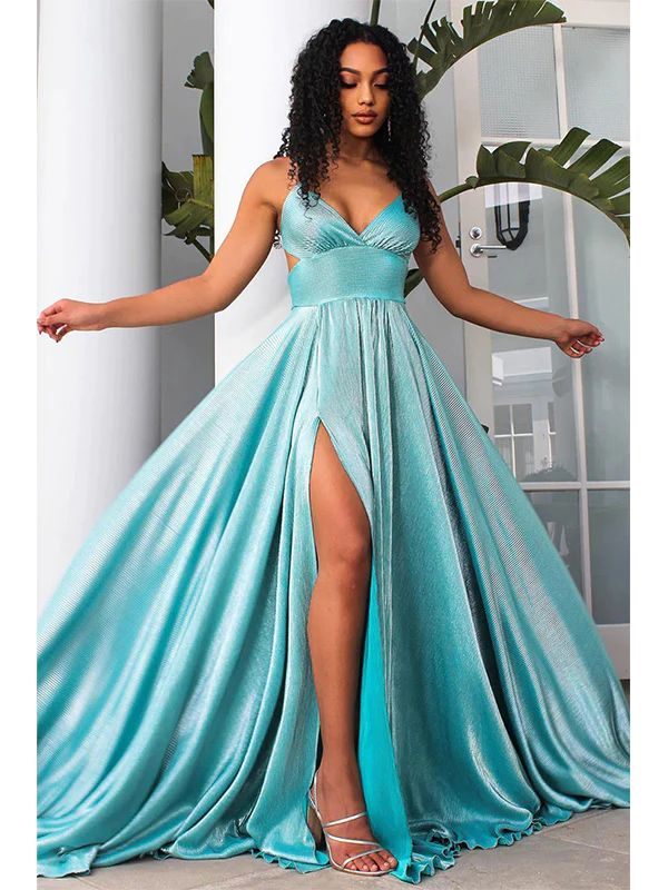 Sexy A line Backless Blue Slit Long Prom Dresses nv1341