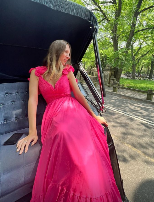 Rose Pink Ruffle Shoulder Plunging V Neck A-line Lace-Up Long Prom Dress nv1349