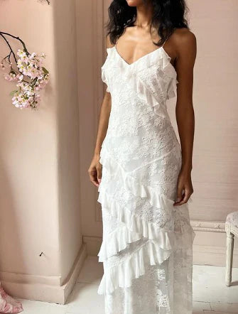 White lace long prom dress layer evening dress nv1740