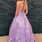 Open Back Purple Lace Floral Long Prom Dresses nv1318