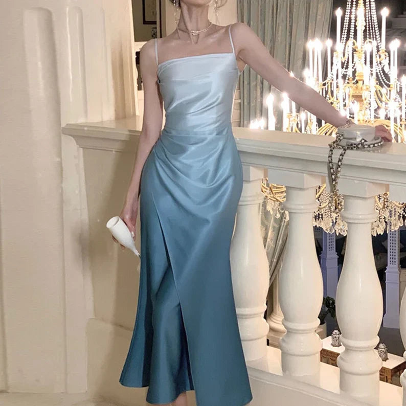 Blue elegant slim spaghetti strap off the shoulder long ball gown evening dress party dress birthday dress nv2321