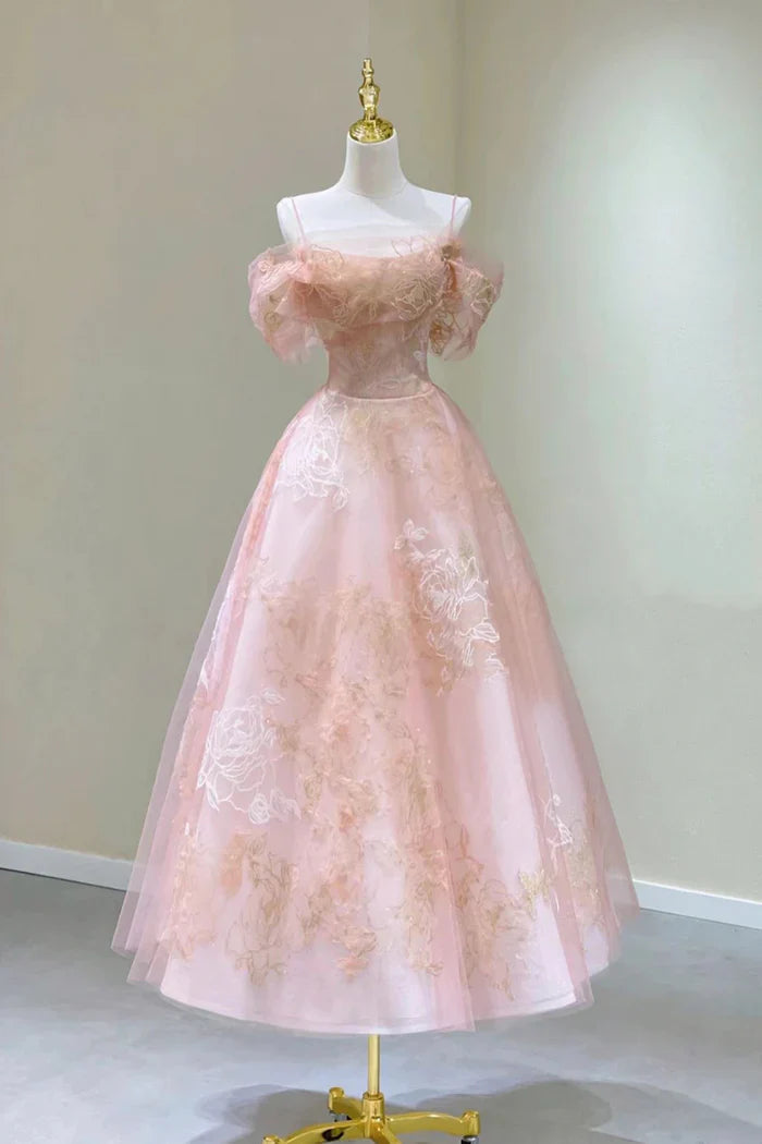 Cute Pink Sweet Tulle Lace Long A-Line Ball Gown Evening Dress banquet outfit nv2991