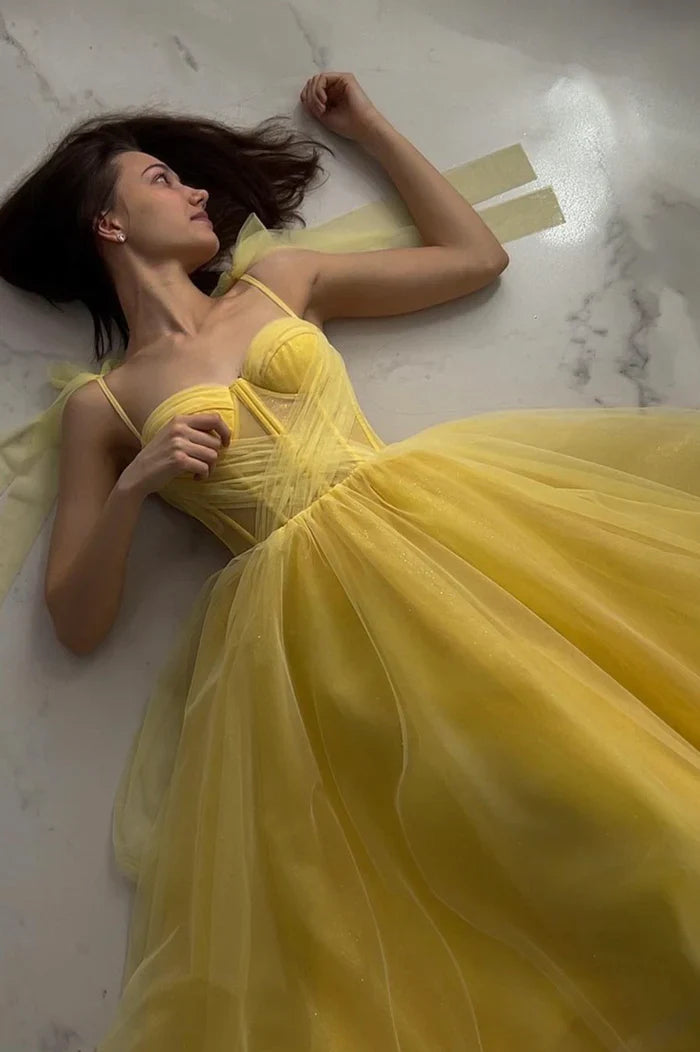 Yellow sweetheart neckline fashion cute tulle spaghetti straps long prom dress evening dress party dress homecoming dress nv3032