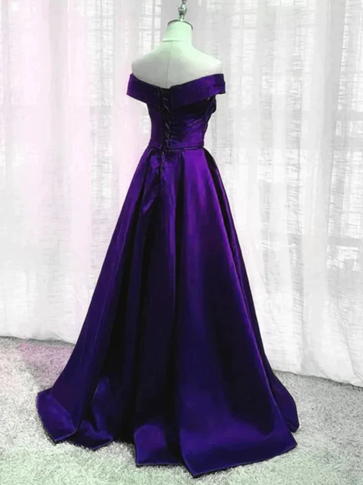 Simple A-line Off-shoulder Purple Satin Long Ball Gown Evening Dress nv3011