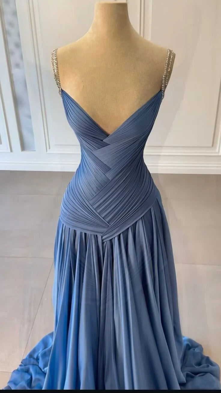 NiceVestidos - Abendkleid Blaues Satin-Abendkleid, bodenlang, NV5951