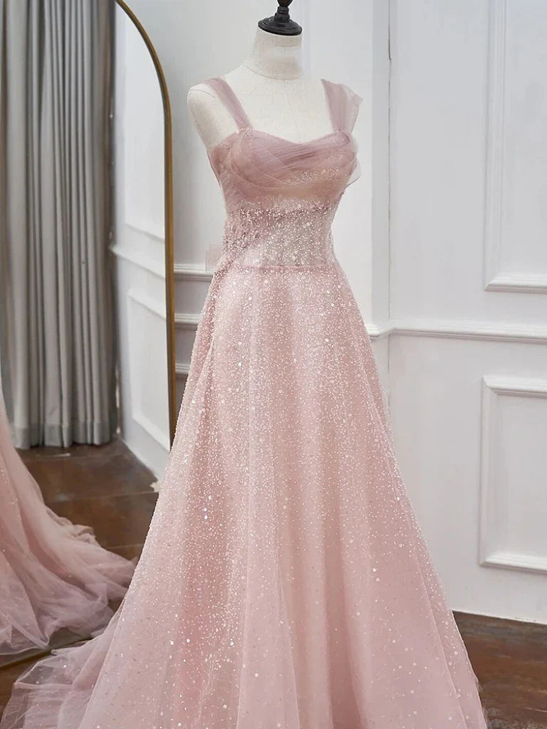 Pink Elegant Spaghetti Strap A-Line Sparkling Beaded Sleeveless Formal Wedding Party Prom Evening Gown Bridesmaid Dresses banquet outfit nv2994