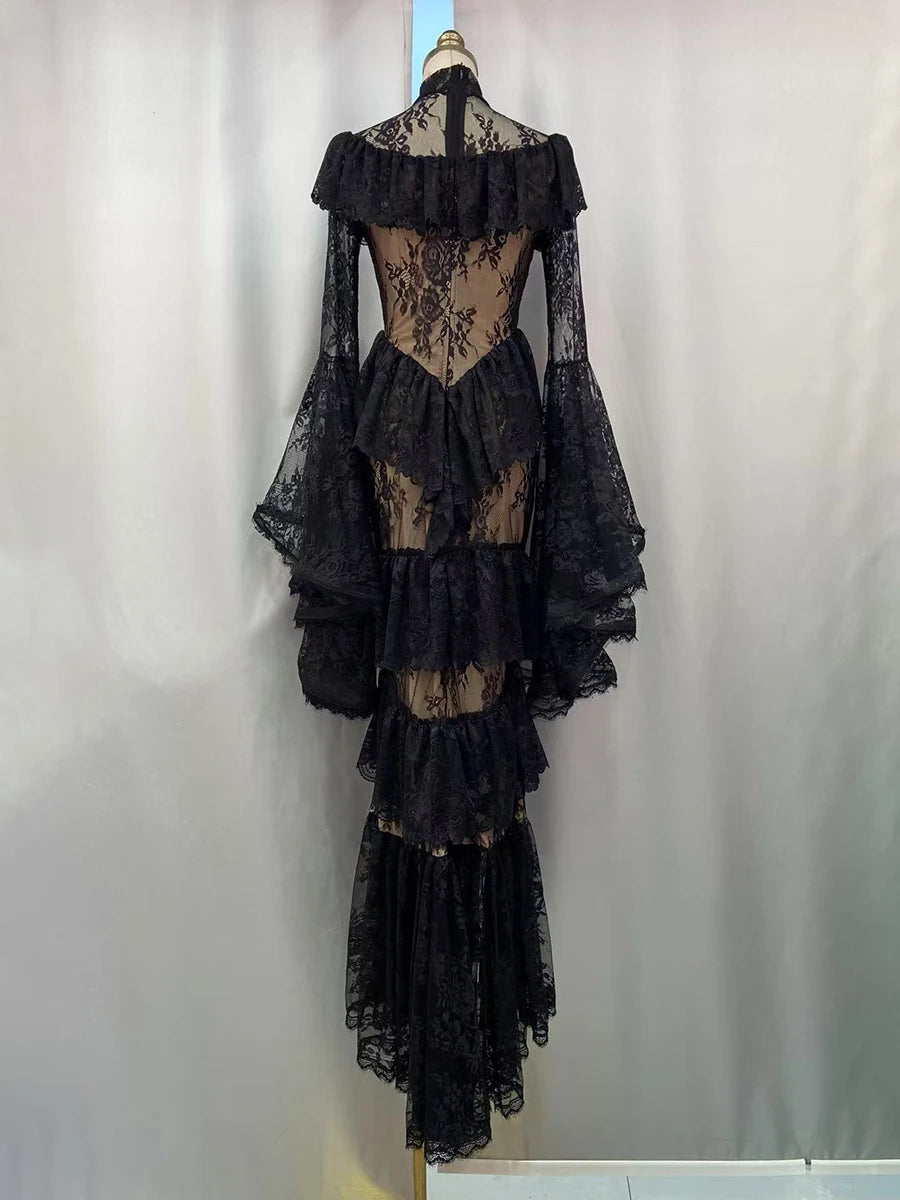 Gothic Dark Style Vintage Luxury Fairy Style High-Neck Bell-Sleeve Gown | Black/White Lace Sheer Multi-Layer Ruffled Maxi Dress for Wedding Retro Theme Party Luxury Dinner NV6284