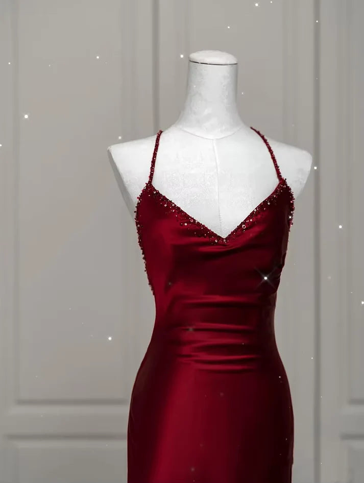 Burgundy Sexy Exquisite Beaded Mermaid Spaghetti Strap Floor Length Satin Backless Ball Gown Evening Gown Party Dress nv3601