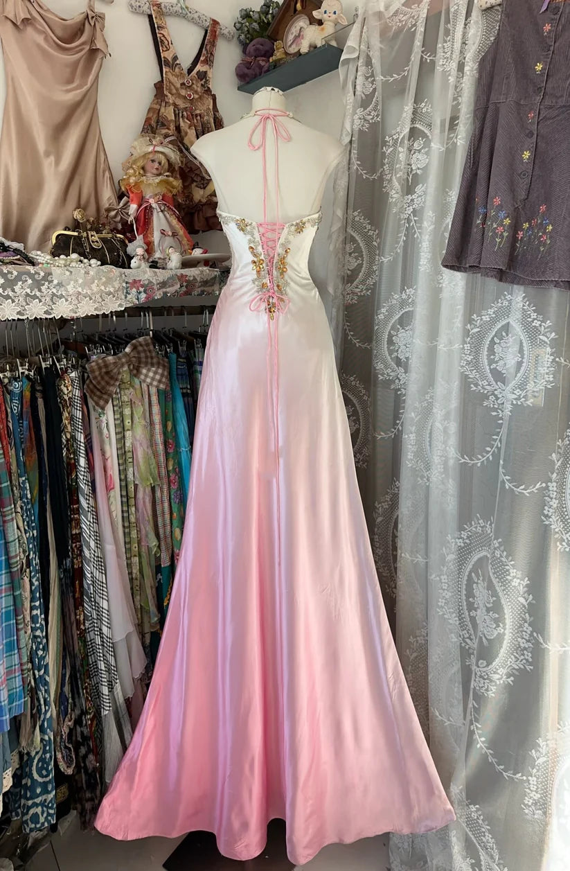 Pink Gradient Retro Fashion Elegant Exquisite Gem Beaded Mermaid Slim Strap Sleeveless Long satin Evening Dress Ball Gown Party Dress Prom Dress nv3810
