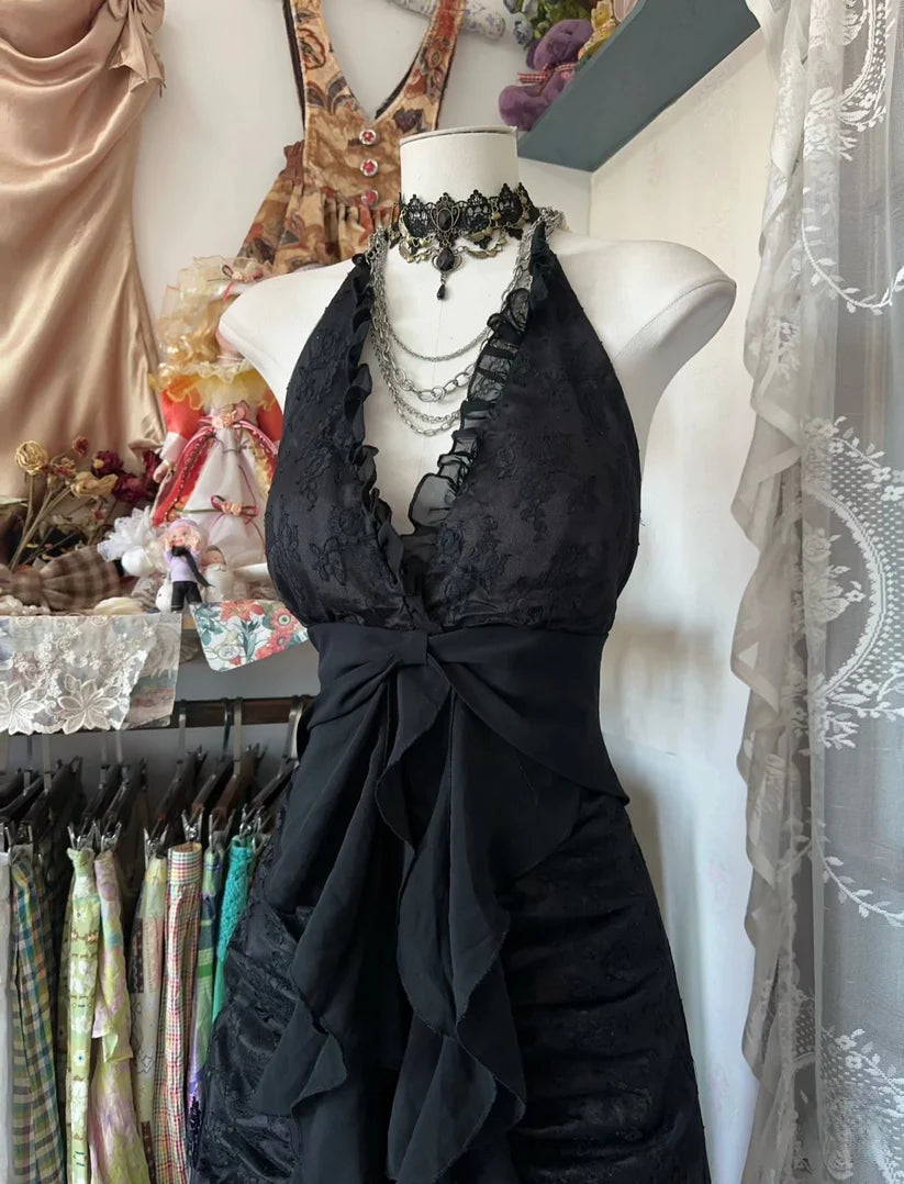 Black lace V-neck low-cut sexy elegant long ball gown evening dress  prom dress nv2954
